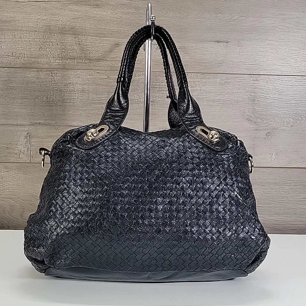 Elliott Lucca Black Woven Leather Satchel Handbag